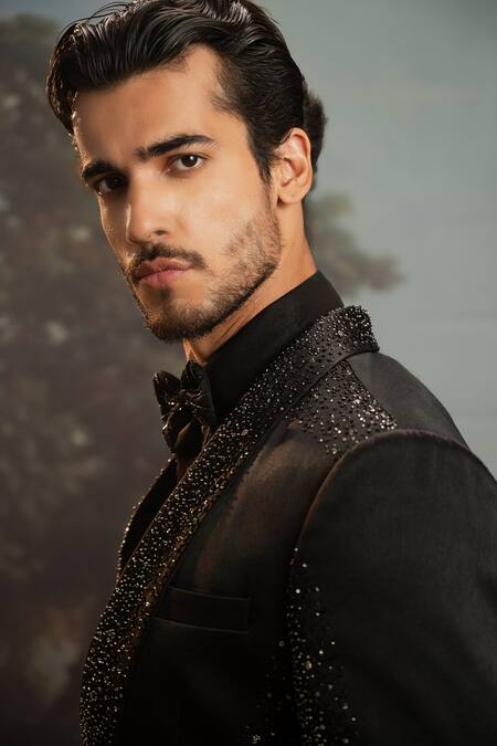 Buy Yajy By Aditya Jain Black Silk, Polyester, Cotton Beads, Agastya Celeste Embellished Tuxedo Set Online at Aza Fashions Buy_Yajy By Aditya Jain_Black Silk, Polyester, Cotton Beads, Agastya Celeste Embellished Tuxedo Set _Online_at_Aza_Fashions