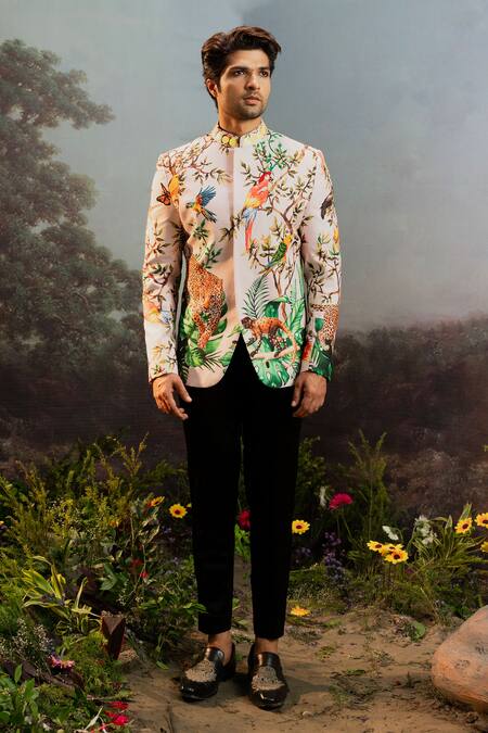 Yajy By Aditya Jain_Multi Color Rayon Embroidery Aghava Ramgatha Print Bandhgala With Pant _Online_at_Aza_Fashions