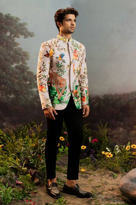 Buy_Yajy By Aditya Jain_Multi Color Rayon Embroidery Aghava Ramgatha Print Bandhgala With Pant _Online_at_Aza_Fashions