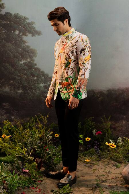 Shop_Yajy By Aditya Jain_Multi Color Rayon Embroidery Aghava Ramgatha Print Bandhgala With Pant _Online_at_Aza_Fashions