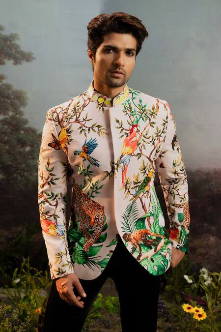 Yajy By Aditya Jain_Multi Color Rayon Embroidery Aghava Ramgatha Print Bandhgala With Pant _at_Aza_Fashions