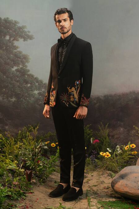 Yajy By Aditya Jain Black Wool Sequins, Embroidery Ahalya Wild Forest Tuxedo Set Online at Aza Fashions Yajy By Aditya Jain_Black Wool Sequins, Embroidery Ahalya Wild Forest Tuxedo Set _Online_at_Aza_Fashions