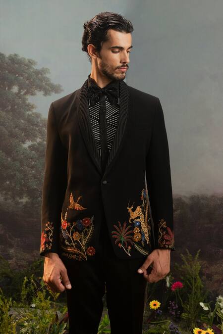 Shop Yajy By Aditya Jain Black Wool Sequins, Embroidery Ahalya Wild Forest Tuxedo Set Online at Aza Fashions Shop_Yajy By Aditya Jain_Black Wool Sequins, Embroidery Ahalya Wild Forest Tuxedo Set _Online_at_Aza_Fashions
