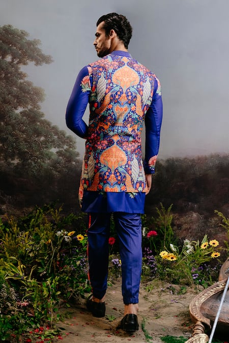 Yajy By Aditya Jain Ramayan Forest Print Long Bundi & Kurta Set 