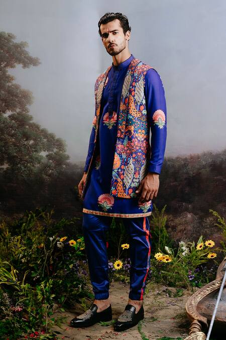 Yajy By Aditya Jain Blue Rayon Sequins Ramayan Forest Print Long Bundi And Kurta Set Online at Aza Fashions Yajy By Aditya Jain_Blue Rayon Sequins Ramayan Forest Print Long Bundi And Kurta Set _Online_at_Aza_Fashions