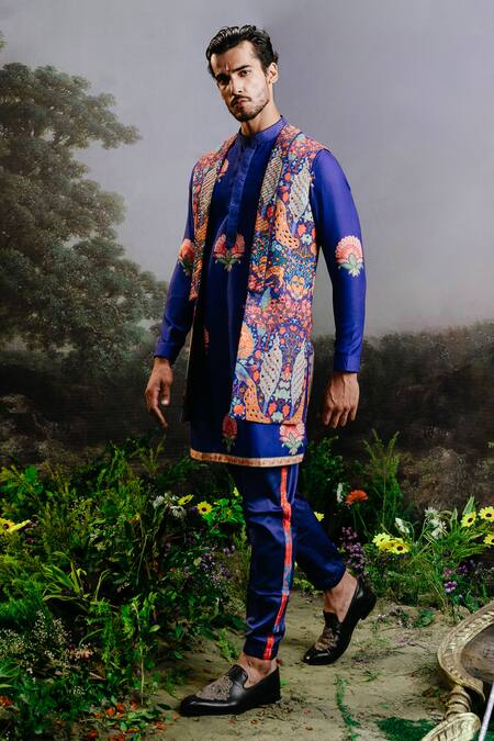 Buy Yajy By Aditya Jain Blue Rayon Sequins Ramayan Forest Print Long Bundi And Kurta Set Online at Aza Fashions Buy_Yajy By Aditya Jain_Blue Rayon Sequins Ramayan Forest Print Long Bundi And Kurta Set _Online_at_Aza_Fashions