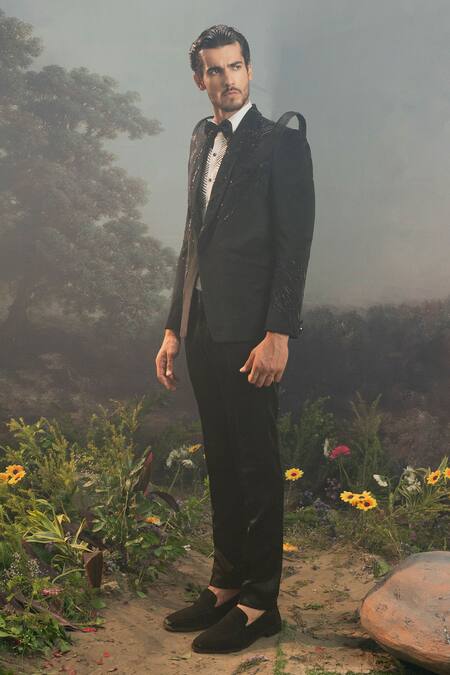 Yajy By Aditya Jain_Black Suede, Cotton Beads Angada Astron Embroidered Plisse Tuxedo Set _Online_at_Aza_Fashions
