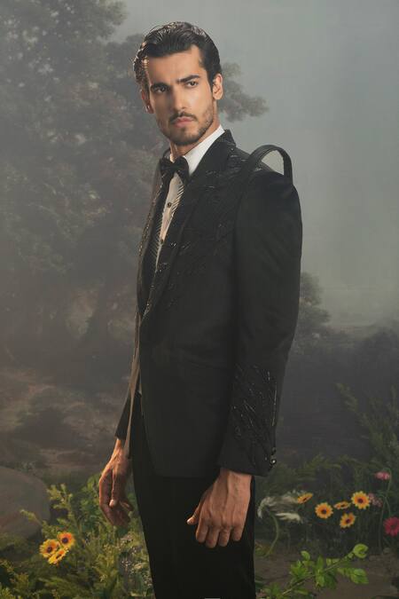 Buy_Yajy By Aditya Jain_Black Suede, Cotton Beads Angada Astron Embroidered Plisse Tuxedo Set _Online_at_Aza_Fashions
