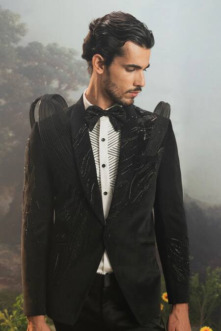 Shop_Yajy By Aditya Jain_Black Suede, Cotton Beads Angada Astron Embroidered Plisse Tuxedo Set _Online_at_Aza_Fashions