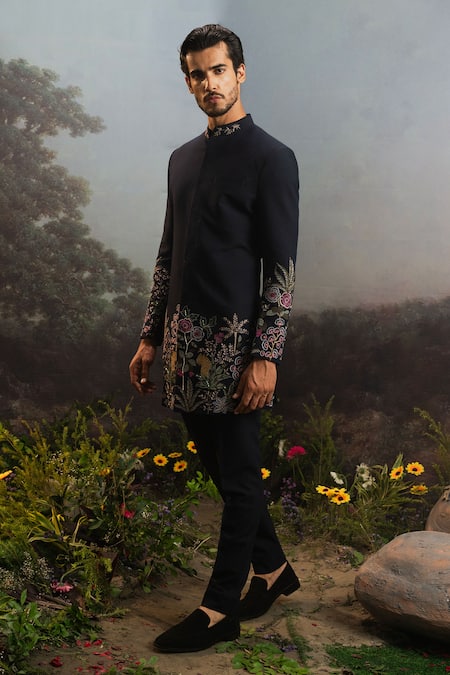 Yajy By Aditya Jain_Blue Wool Embroidery Atavi Wild Garden Bandhgala With Trouser _Online_at_Aza_Fashions