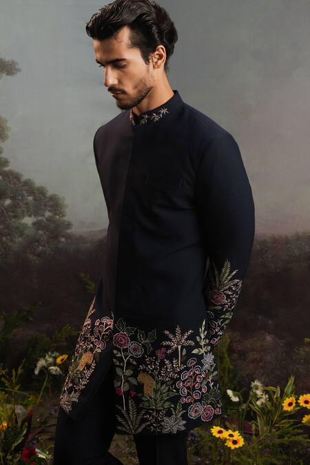 Buy_Yajy By Aditya Jain_Blue Wool Embroidery Atavi Wild Garden Bandhgala With Trouser _Online_at_Aza_Fashions