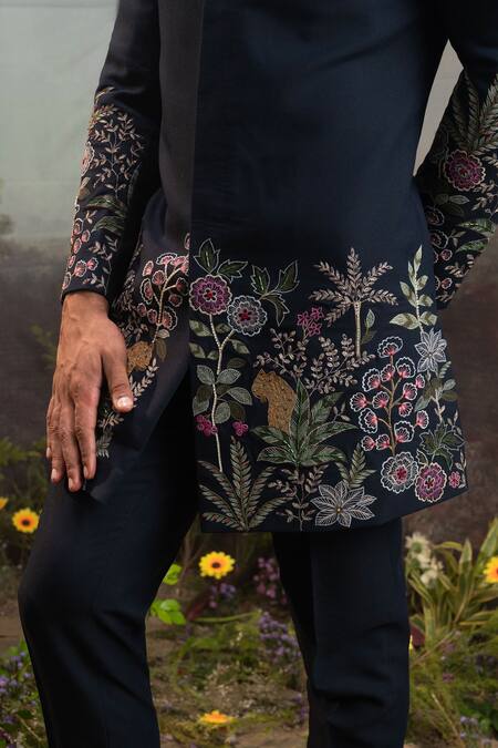 Shop_Yajy By Aditya Jain_Blue Wool Embroidery Atavi Wild Garden Bandhgala With Trouser _Online_at_Aza_Fashions