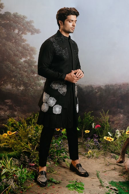 Buy_Yajy By Aditya Jain_Black Silk Cut Work, Embroidery Musk Bloom Long Bundi Set _Online_at_Aza_Fashions