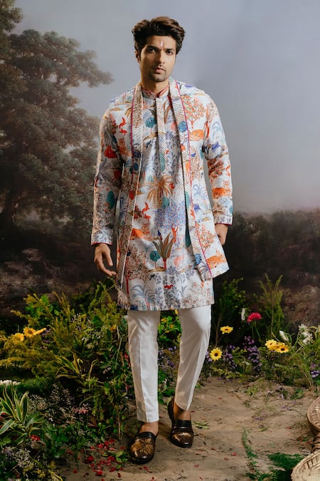 YAJY by Aditya Jain Multi Color Rayon Print Ramayan Van Balaravi Forest Long Jacket And Kurta Set 