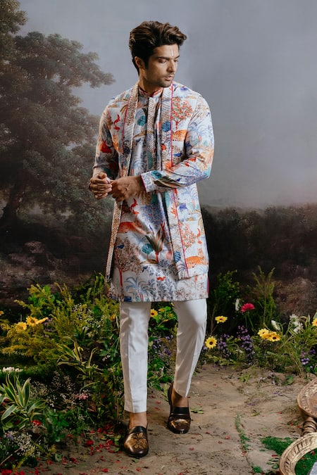 Yajy By Aditya Jain Balaravi Ramayan Forest Print Long Jacket & Kurta Set 