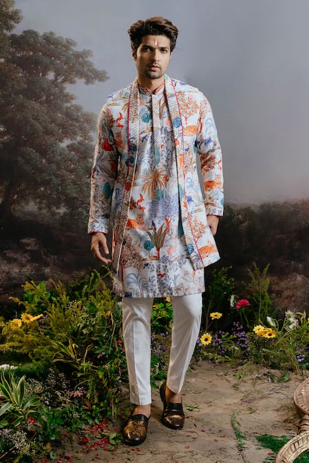 Yajy By Aditya Jain_Multi Color Rayon Sequins Balaravi Ramayan Forest Print Long Jacket And Kurta Set _Online_at_Aza_Fashions