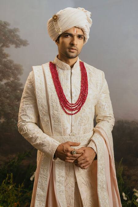 Yajy By Aditya Jain_Ivory Silk Embroidery Chandrabhaga Bahar Resham Sherwani Set _Online_at_Aza_Fashions