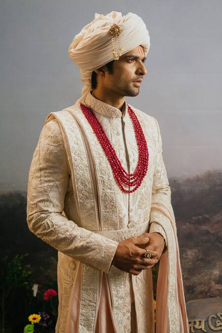 Buy_Yajy By Aditya Jain_Ivory Silk Embroidery Chandrabhaga Bahar Resham Sherwani Set _Online_at_Aza_Fashions