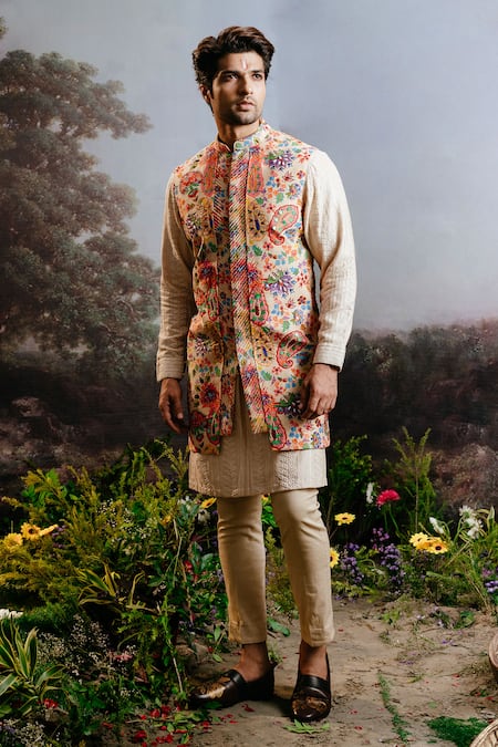 Buy_Yajy By Aditya Jain_Multi Color Silk, Rayon Embroidery, Paisley Bloom Print Long Bundi And Kurta Set _Online_at_Aza_Fashions