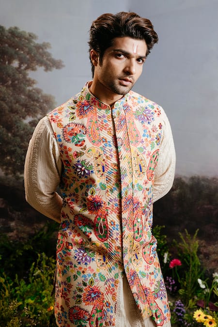 Shop_Yajy By Aditya Jain_Multi Color Silk, Rayon Embroidery, Paisley Bloom Print Long Bundi And Kurta Set _Online_at_Aza_Fashions