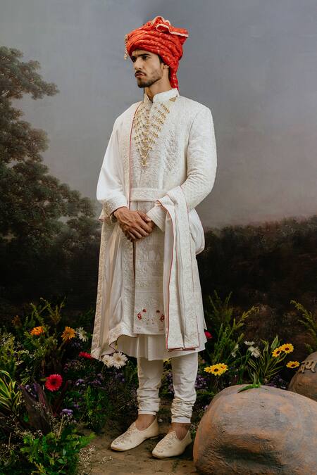 Yajy By Aditya Jain_White Silk, Bamboo Embroidery Hansaraj Mughal Resham Sherwani Set _Online_at_Aza_Fashions