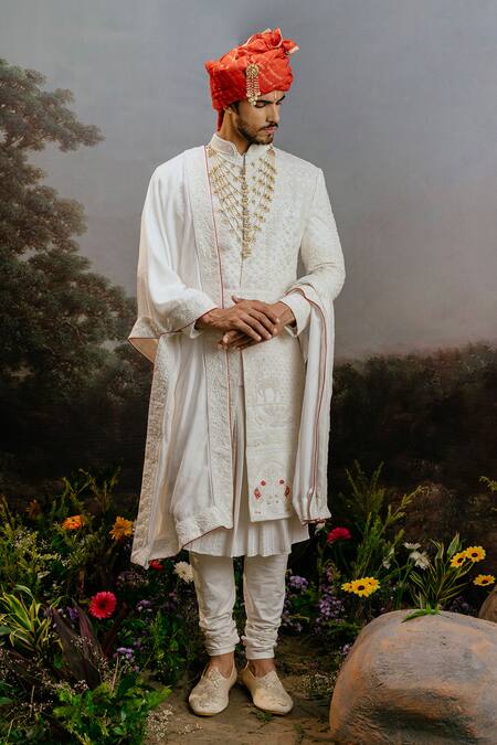 Buy_Yajy By Aditya Jain_White Silk, Bamboo Embroidery Hansaraj Mughal Resham Sherwani Set _Online_at_Aza_Fashions