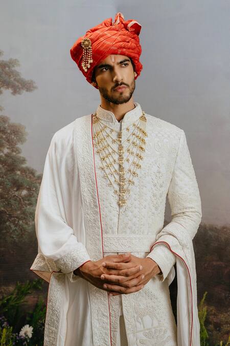 Shop_Yajy By Aditya Jain_White Silk, Bamboo Embroidery Hansaraj Mughal Resham Sherwani Set _Online_at_Aza_Fashions