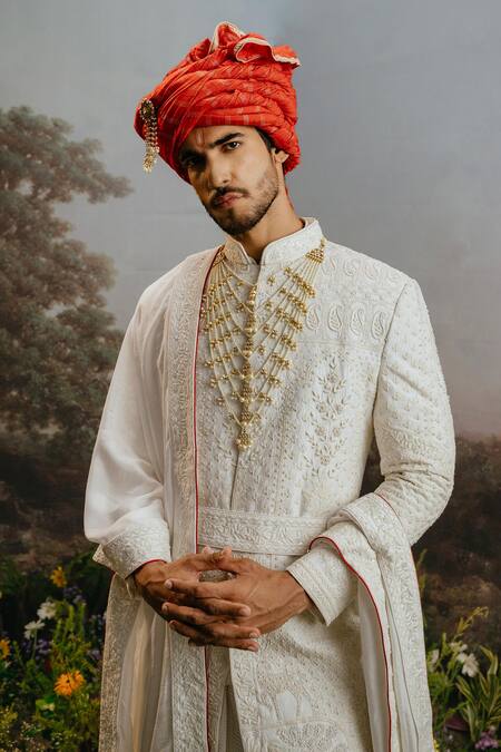 Yajy By Aditya Jain_White Silk, Bamboo Embroidery Hansaraj Mughal Resham Sherwani Set _at_Aza_Fashions