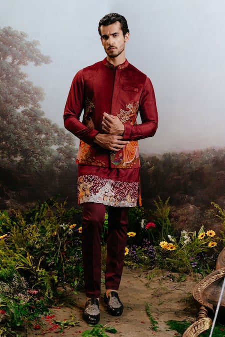 YAJY by Aditya Jain Red Suede Embroidery Ram Setu Harivansh Lord Hanuman And Sita Bundi Kurta 