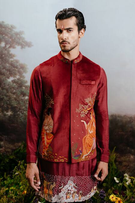 Yajy By Aditya Jain_Red Silk, Suede Embroidery Ram Setu Bundi Kurta _Online_at_Aza_Fashions