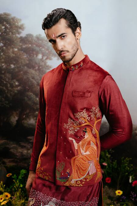 Buy_Yajy By Aditya Jain_Red Silk, Suede Embroidery Ram Setu Bundi Kurta _Online_at_Aza_Fashions