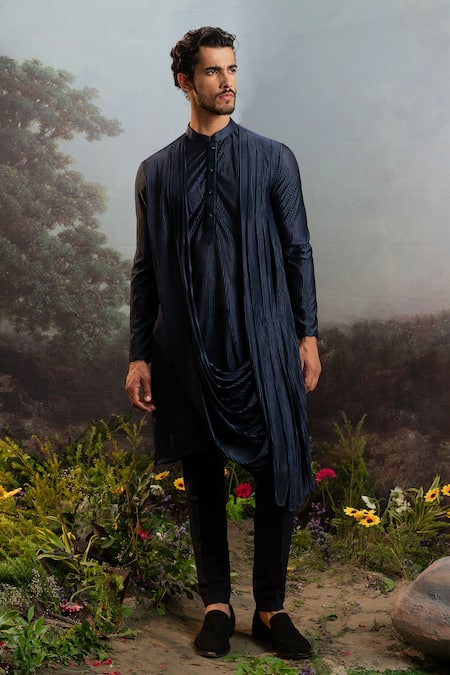 YAJY by Aditya Jain Indra Accordion Pleated Draped Asymmetric Kurta With Trouser 