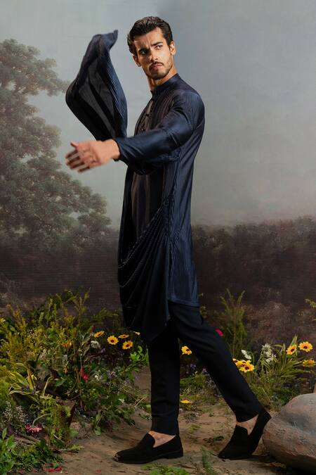 Yajy By Aditya Jain_Blue Faux Leather, Indra Accordion Pleated Draped Asymmetric Kurta With Trouser _Online_at_Aza_Fashions