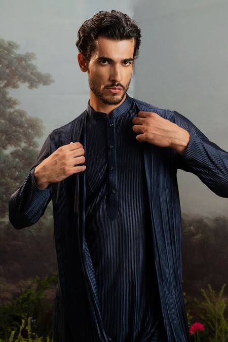 Buy_Yajy By Aditya Jain_Blue Faux Leather, Indra Accordion Pleated Draped Asymmetric Kurta With Trouser _Online_at_Aza_Fashions