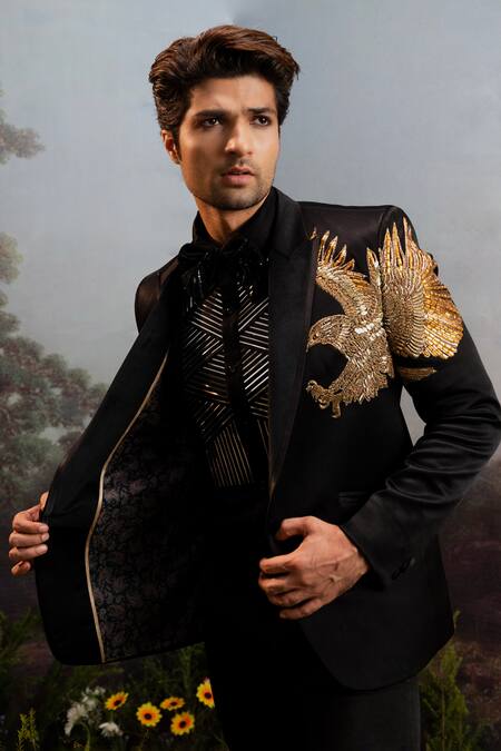 Yajy By Aditya Jain_Black Cotton Embroidery, Beads, Sequins Jatayu Tuxedo Set _Online_at_Aza_Fashions
