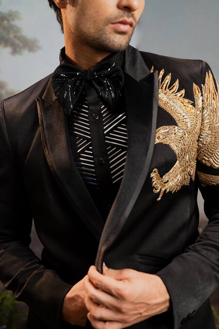 Buy_Yajy By Aditya Jain_Black Cotton Embroidery, Beads, Sequins Jatayu Tuxedo Set _Online_at_Aza_Fashions