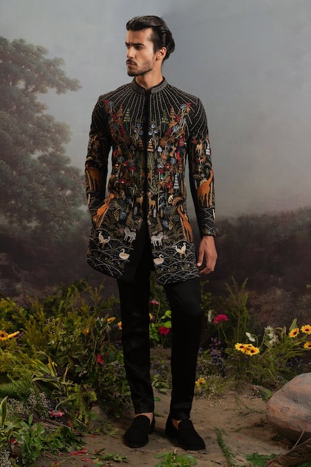 YAJY by Aditya Jain Black Italian Suiting Embroidery Ramayan Forest Kabandha Achkan With Trouser 