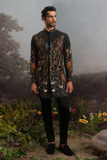 Yajy By Aditya Jain_Black Silk Embroidery Kabandha Ramayan Forest Achkan With Trouser _Online_at_Aza_Fashions