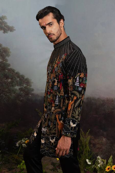 Buy_Yajy By Aditya Jain_Black Silk Embroidery Kabandha Ramayan Forest Achkan With Trouser _Online_at_Aza_Fashions