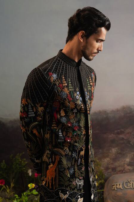 Shop_Yajy By Aditya Jain_Black Silk Embroidery Kabandha Ramayan Forest Achkan With Trouser _Online_at_Aza_Fashions