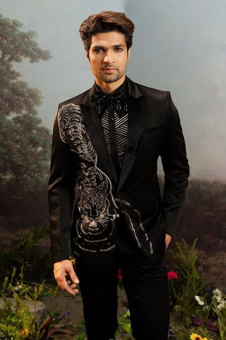 Yajy By Aditya Jain_Black Silk, Cotton Beads, Cut Work Khara Tiger Embroidered Tuxedo Set _Online_at_Aza_Fashions