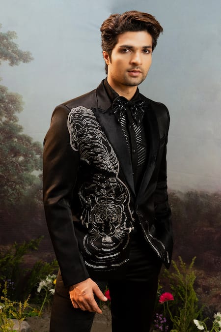 Buy_Yajy By Aditya Jain_Black Silk, Cotton Beads, Cut Work Khara Tiger Embroidered Tuxedo Set _Online_at_Aza_Fashions