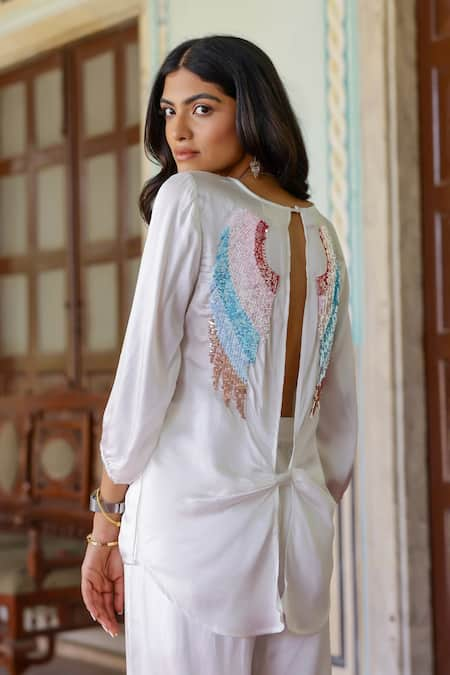 Gulaal White Modal Satin Embroidered Sequin Scalloped V Back Top And Pant Set 