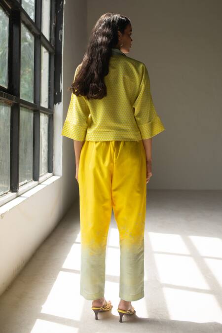 Shop_Oja_Yellow Chanderi Applique, Embroidery Collared Shaded Cropped Jacket With Pant _at_Aza_Fashions
