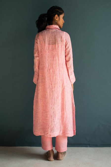 Shop_Oja_Pink Handloom Cotton, Linen Embroidery Collared Kurta With Pant _at_Aza_Fashions
