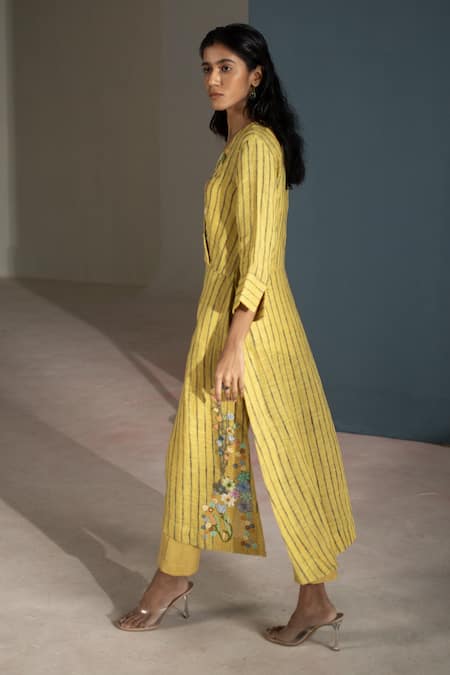 Shop_Oja_Yellow Linen Embroidery V-neck Handloom Tunic With Pant _at_Aza_Fashions