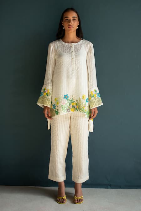Shop_Oja_Ivory Linen Embroidery Round Neck Placement Long Top With Pant _at_Aza_Fashions