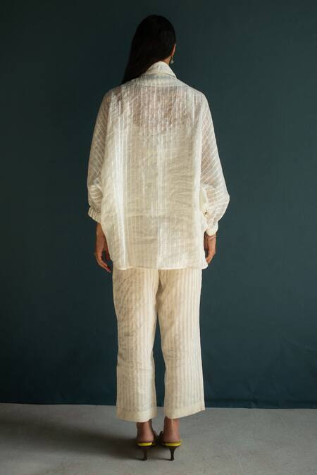 Shop Oja Ivory Linen Embroidery Collared Placement Shirt With Pant at Aza Fashions Shop_Oja_Ivory Linen Embroidery Collared Placement Shirt With Pant _at_Aza_Fashions