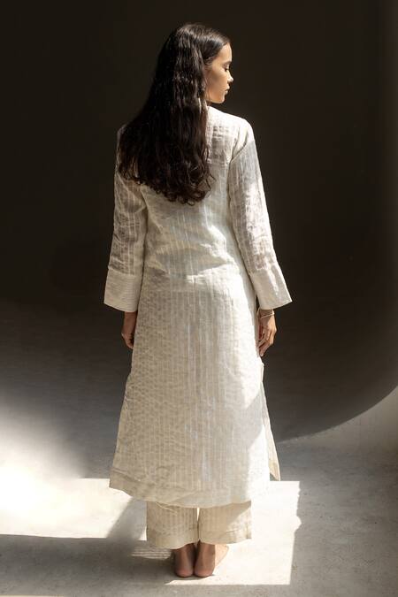 Shop_Oja_Ivory Linen Fletcher Hand Embroidery Floral Collared Placement Tunic With Pant _at_Aza_Fashions