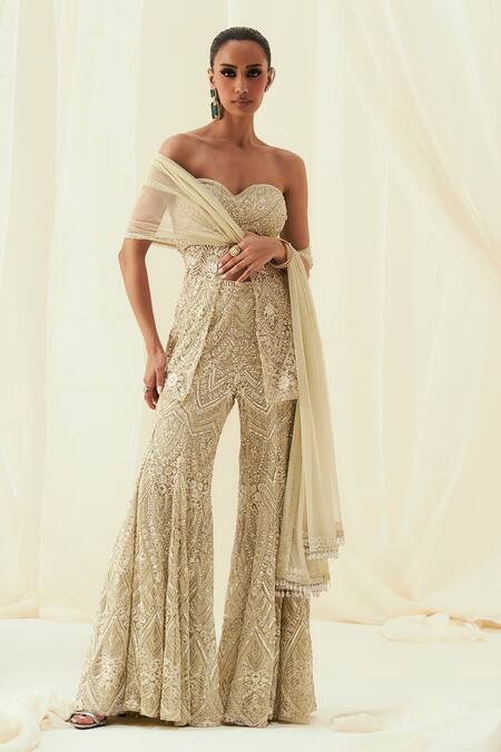 Shop_Rococo_Green Net Sequins, Cut Work Sweetheart Zoya Embroidered Tube Peplum Sharara Set _Online_at_Aza_Fashions